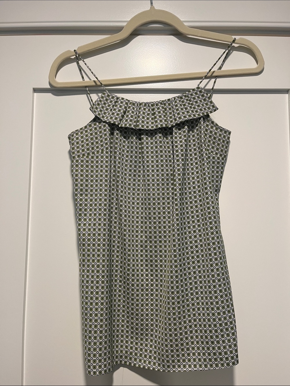 J. Crew Green and White Ruffle-Neck Camisole